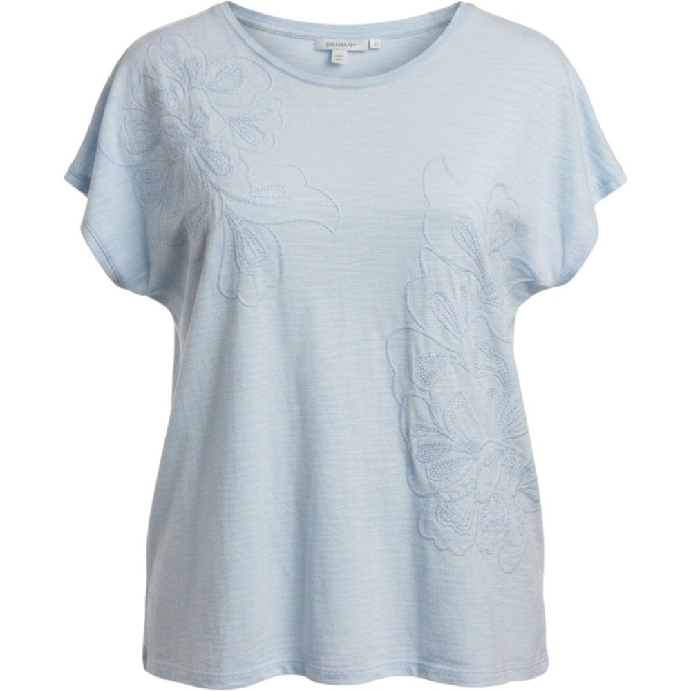Chicos Embroidered Sequin Slub Knit Top Size 2 L Blue Short Sleeve Floral Boho